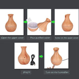 Vase-Shaped LED Humidifier | Model JSQ07 | USB Wood Grain Ultrasonic Cold Mist Humidifier | Aromatherapy Air Freshener | 200 ml