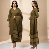 Winter Sussi Silk 3-Piece Suit for Women | Unstitched Plain Shirt & Trouser | Heavy Winter Sussi Shawl | Olive Green